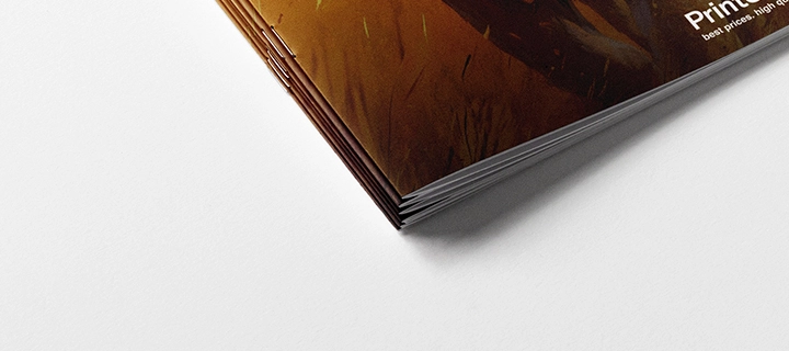 Close-up shot of a saddle-stitched catalog, focusing on the binding type. The catalog’s cover and back are yellow.