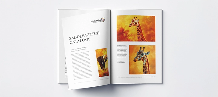 Open saddle-stitched catalog with a two-page article, showing pictures of various animals like elephants and giraffes, with the saddle stitch binding visible in the center of both pages.